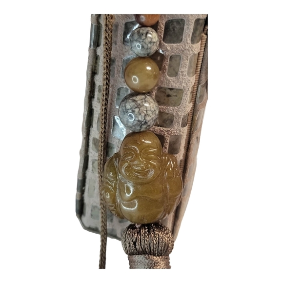RARE Rafael Sanchez Suede Leather Crossbody BUDDHA stone charm, beads & tassels - Picture 5 of 15